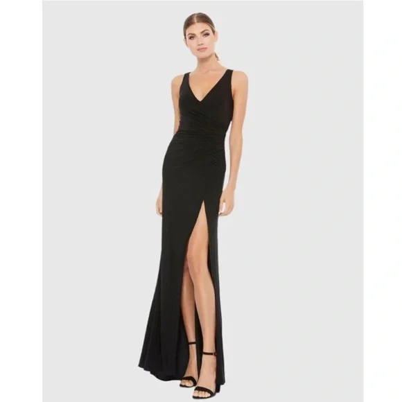 NWT Ieena for Mac Duggal Black Faux Wrap Sleeveless V Neck Gown Style #26531 - Picture 2 of 12